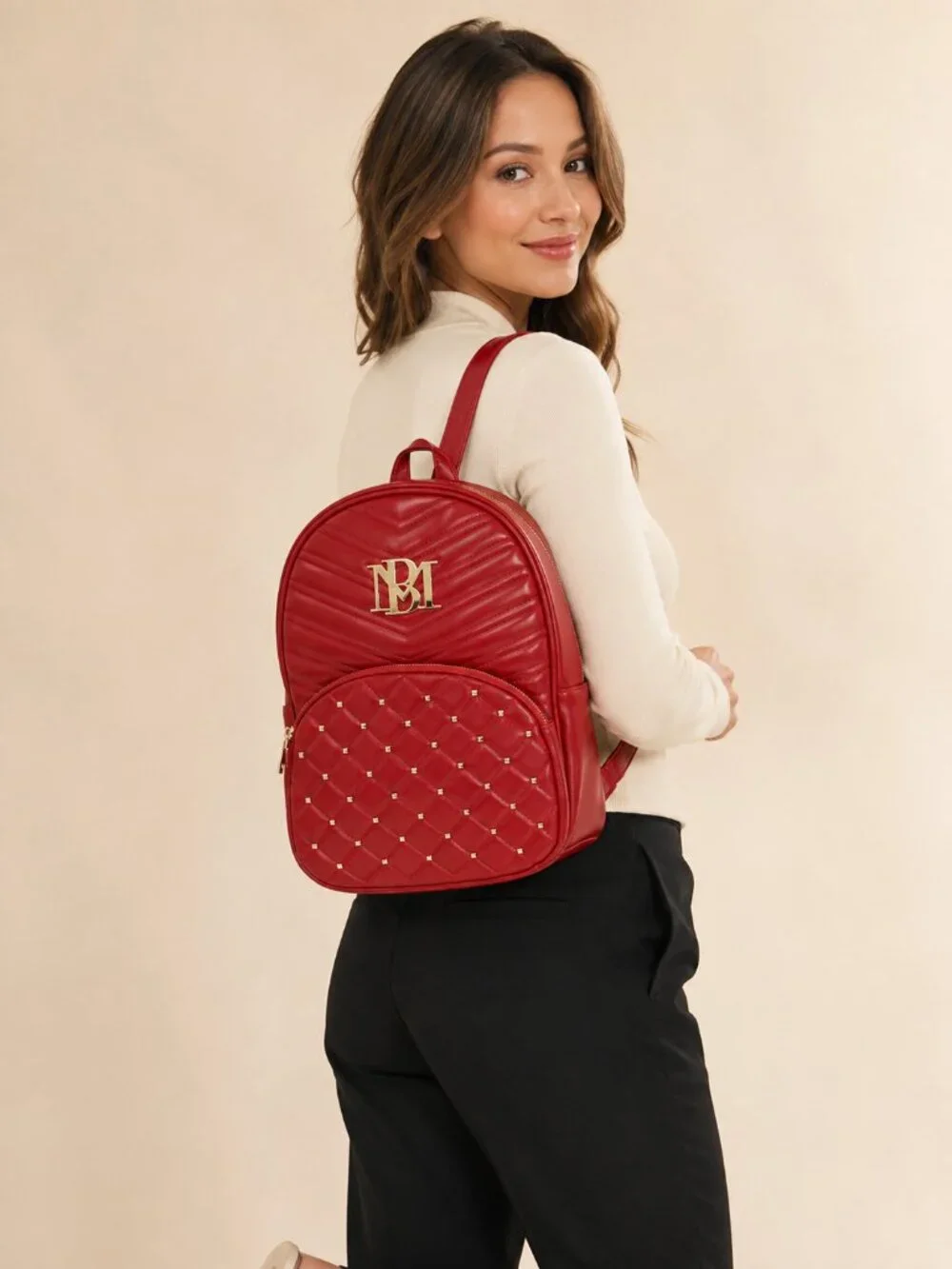 Badgley Mischka Bright Red Vegan Leather Gold Studded Backpack NWT